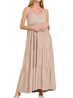 V-Neck Cami Maxi Tiered Dress with Side Pockets in Light Mocha